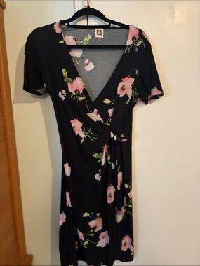 Anne Klein Black Midi Wrap Dress with Pink Floral Print